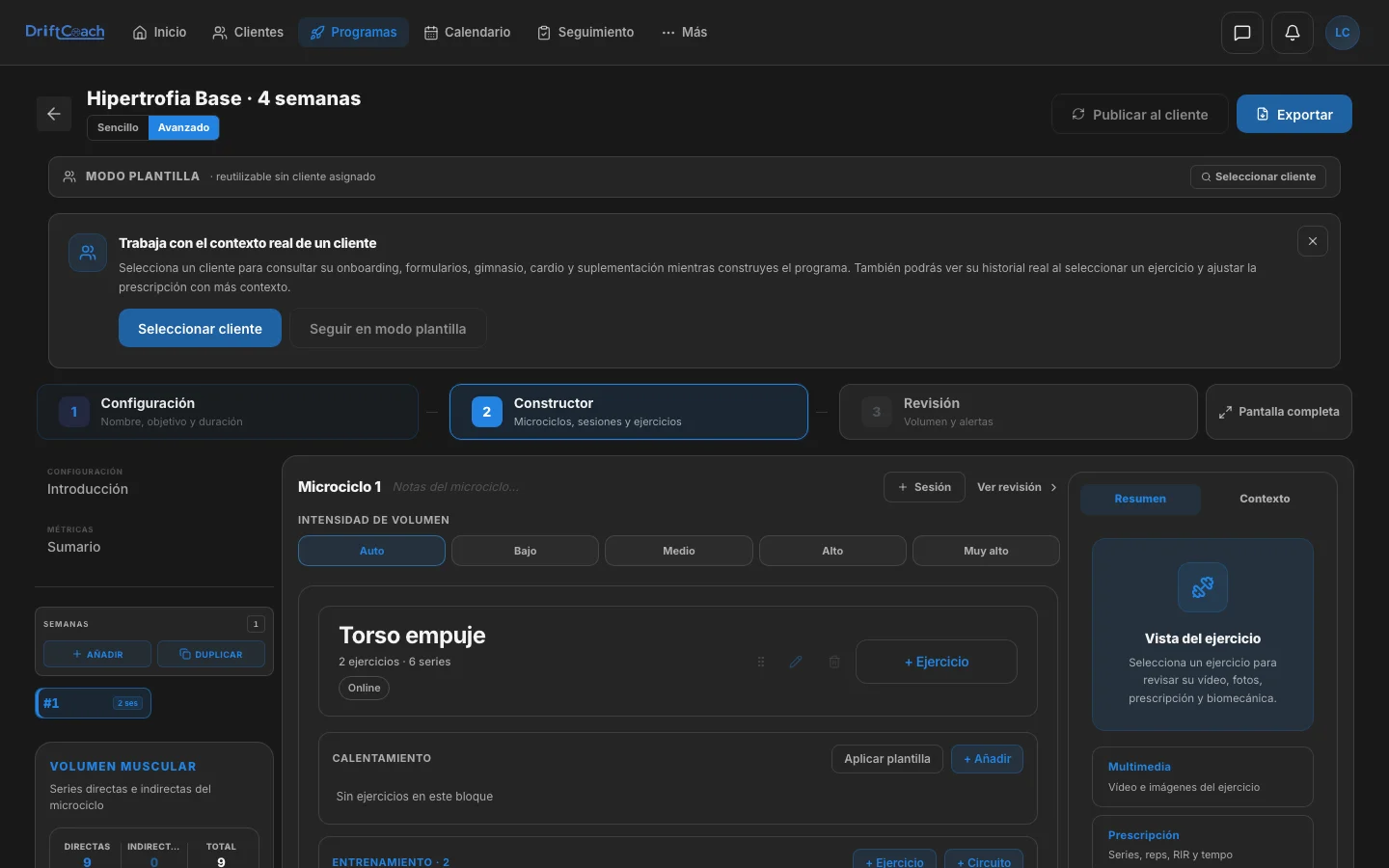 Constructor de programas de entrenamiento en DriftCoach