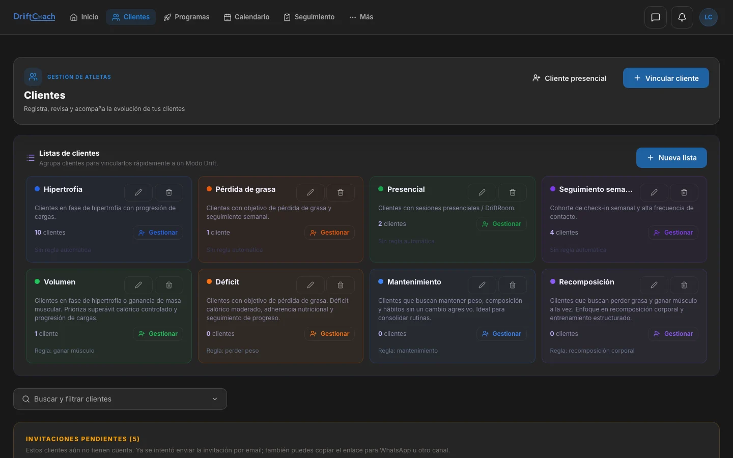 Gestión de clientes de entrenamiento en DriftCoach