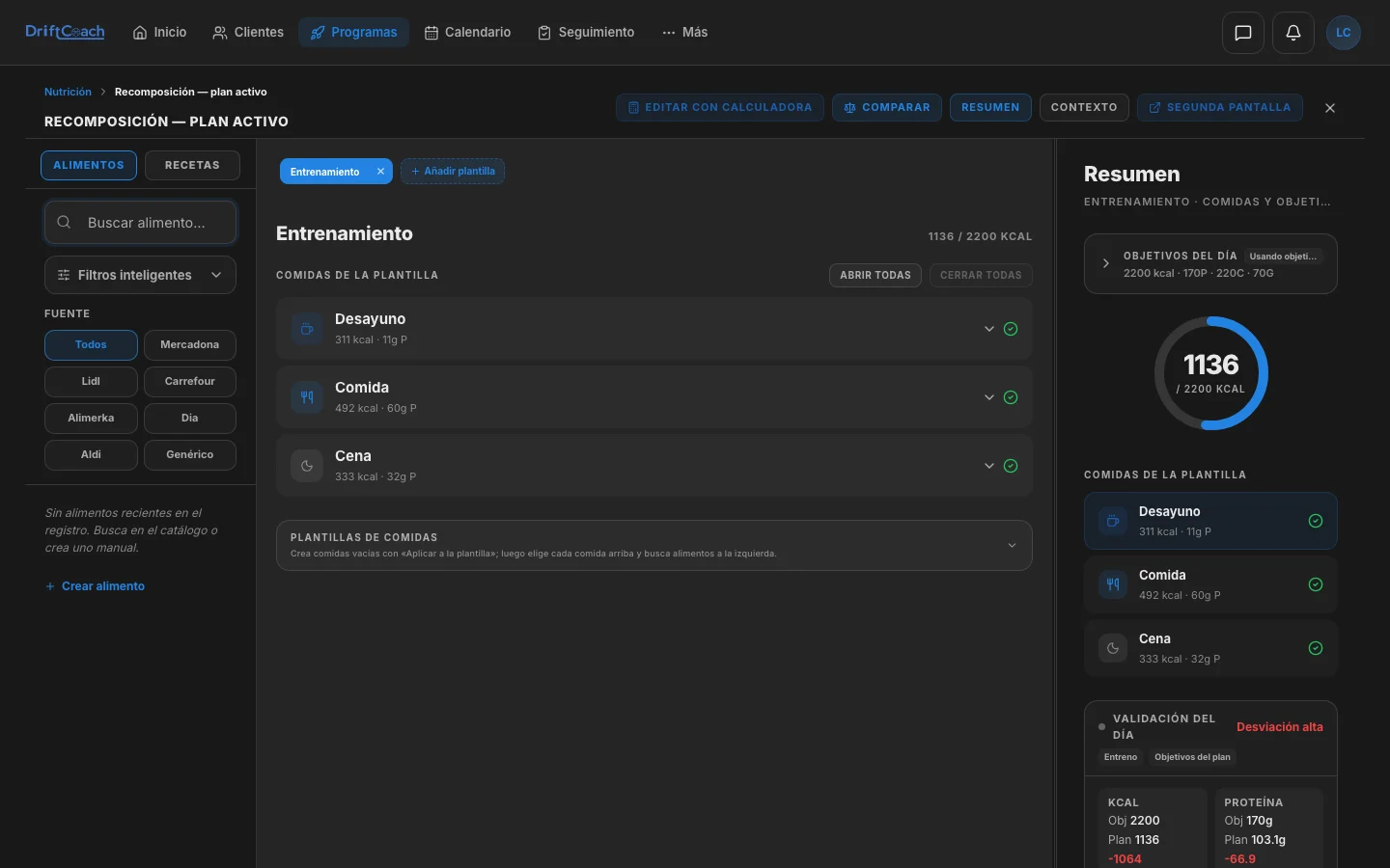 Editor de plan nutricional en DriftCoach
