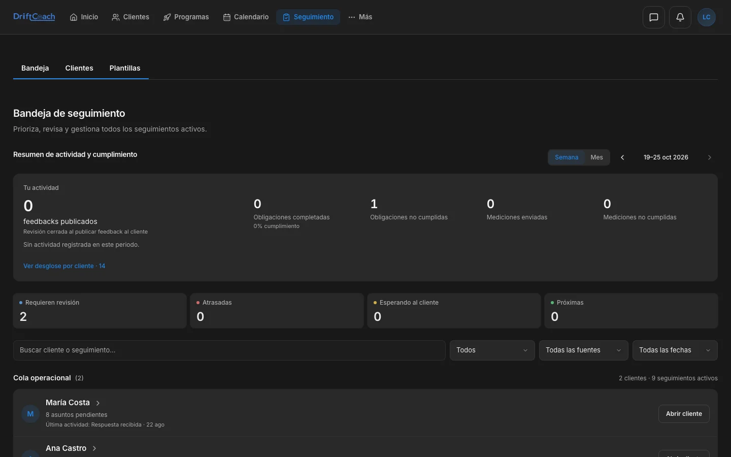 Bandeja de seguimiento de clientes en DriftCoach